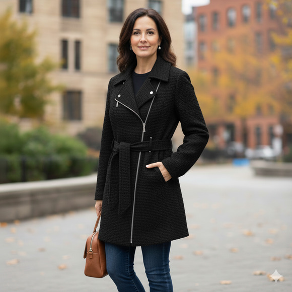 BCBGeneration Women XL Black Asymmetrical Zip Belted Swing Peacoat - Picture 1 of 8